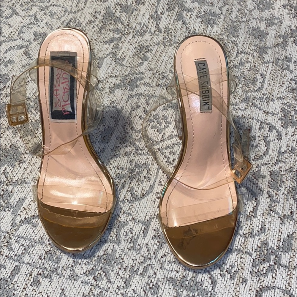 Rose gold transparent block heels